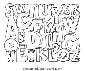 Hand drawn ABC background. Perfect decoration for classroom or children's creative center. Black and white doodle style drawing. Template for coloring. Vector EPS 10
