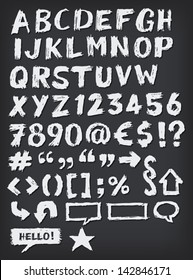 Hand Drawn ABC Elements/ Illustration of a set of hand drawn sketched and doodled ABC letters, font also containing dollar, euro currency symbols and special characters on school chalkboard background