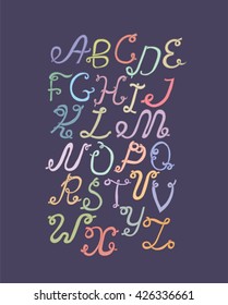 Hand drawn ABC funky letters, isolated on light background. Hand drawn colorful alphabet, vector illustration. Font based on swirl, loops and calligraphy style. Unique design for your print, lettering