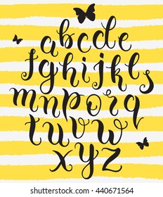 Hand drawn abc letters on blackboard background. Modern calligraphy alphabet. Vector illustration