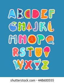 Hand Drawn ABC, Summer elements, Creative Alphabet with cute happy and fun patches, stickers: ice cream, fruits, berries, sunglasses, surfer, decorative details, icons... Vector illustration.