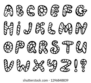 Hand drawn abc vector set isolated on white background. Cute doodle alphabet. Funny rounds letters 