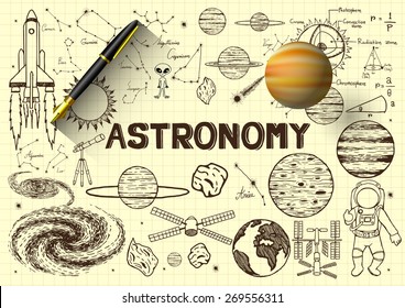 Hand drawn about astronomy on yellow paper with 3D fountain pen and a planet.