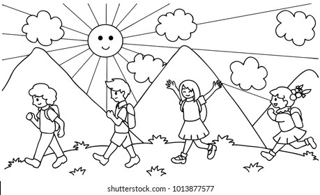 Hand drawn about cute kids walking to school, back to school for design element and coloring book page for kids.Vector illustration