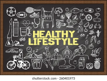 Hand drawn about HEALTHY LIFESTYLE on chalkboard.