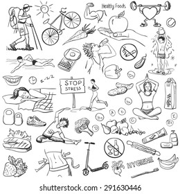 Hand drawn about healthy lifestyle on white background.. Sketches for use in design