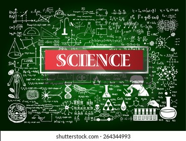 Hand drawn about Mathematics on green chalkboard with the world SCIENCE in transparent frame with red background.