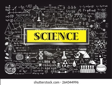 Hand drawn about Mathematics on chalkboard with the world SCIENCE in transparent frame with yellow background.