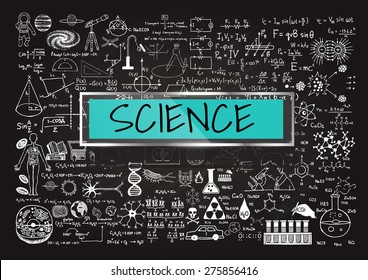 Hand drawn about Mathematics on chalkboard with the world SCIENCE in transparent frame with blue background.