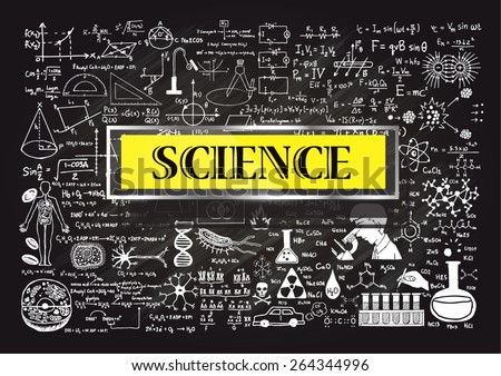Hand drawn about Mathematics on chalkboard with the world SCIENCE in transparent frame with yellow background.