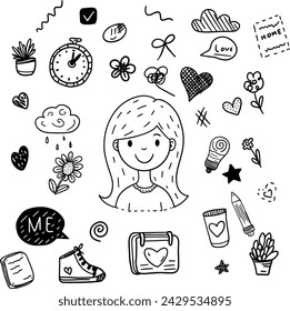 Hand drawn about me concept with happy girl. Sketch set vector illustration. 