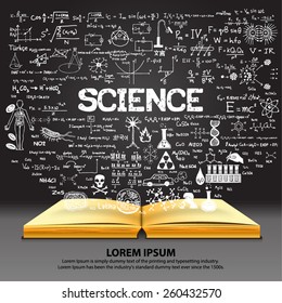 Hand Drawn About SCIENCE On Opened Book With Chalkboard Background.