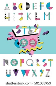 Hand drawn abstarct alphabet. Colorful funny font in retro memphis style. 80s - 90s abc