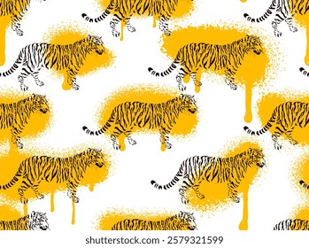 Hand drawn abstract animal tigers seamless pattern. Animals wildlife vector wallpaper, safari wildlife. Art spray graffiti. Design for fashion fabric, decoration, wrapping, business seamless pattern.