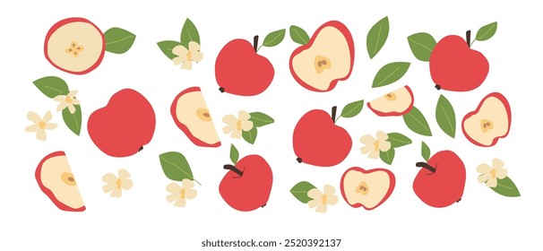 Conjunto de planta de fruta de manzana abstracta dibujada a mano. Fruta entera, rebanadas, trozos y hojas, flores. Se puede utilizar para carteles, etiquetas, patrones.