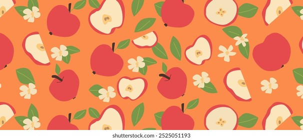 Hand drawn abstract apple pattern with plant parts and sliced food. Seamless pattern for textile, wrapping paper, posters. Fashion textures of fruit sliced and whole.