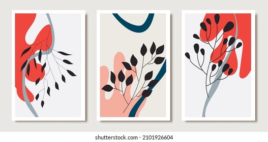 Hand drawn abstract art backgrounds. Exotic plants modern wallpapers, social media stories set, contemporary posters minimalist style.
