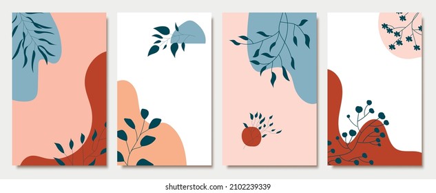 Handgezeichnete abstrakte Kunsthintergründe. Exotische Pflanzen moderne Wallpaper, Social Media Storys Set, moderne Plakate minimalistischer Stil.