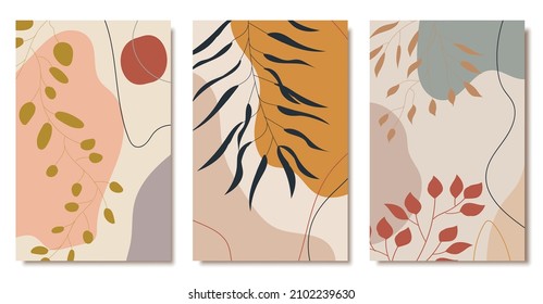 Hand drawn abstract art backgrounds. Exotic plants modern wallpapers, social media stories set, contemporary posters minimalist style.