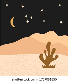 Hand drawn abstract art. Night in the desert.