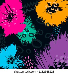 Hand drawn abstract art texture with flowers and abstract elements. Modern, trendy graphic art vector design for banner, poster, card, cover, invitation, flyer. Bright background.