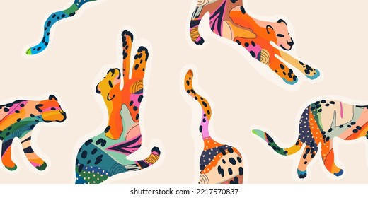 Hand drawn abstract artistic leopards print. Creative collage contemporary seamless pattern. Fashionable template for design.