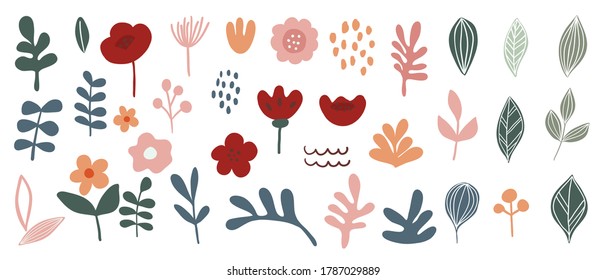 Handgezeichnete Sammlung abstrakter Kunstelemente. Organische Formen, Blumen, Cover-Design, Bannerhintergrund. Sozialposten und Geschichten, Hintergrunddekoration, Druck, Tapete. Vektorgrafik
