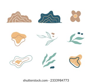 Colección de elementos vectoriales de artes abstractas dibujadas a mano. Formas orgánicas y diseño de brochas para la cubierta, fondo de banner. publicación social y decoración de fondo de historias, impresión, papel pintado. Ilustración del vector