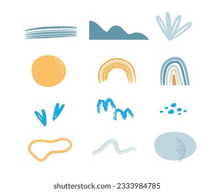 Colección de elementos vectoriales de artes abstractas dibujadas a mano. Formas orgánicas y diseño de brochas para la cubierta, fondo de banner. publicación social y decoración de fondo de historias, impresión, papel pintado. Ilustración del vector