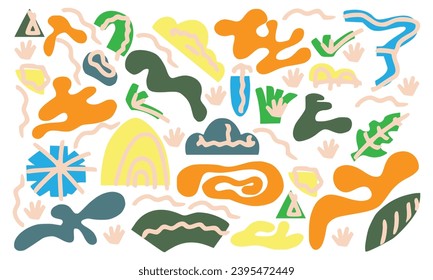 Handgezeichnete Kollektion abstrakter Kunstelemente. Organische Formen und nahtloses Design für Cover, Banner-Hintergrund. Sozialposten und Dekoration, Druck, Tapete. Vektorgrafik 