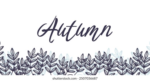 Hand drawn abstract autumn background with branches. Design element dark blue and white.