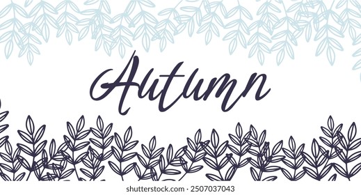 Hand drawn abstract autumn background with branches. Design element blue and white.