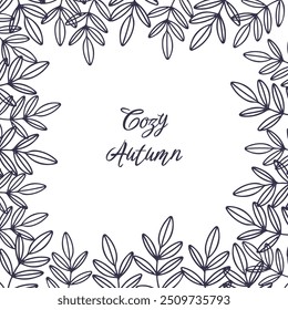 Hand drawn abstract autumn square background with branches branches frame. Design element dark blue and white. Cozy snugly cover