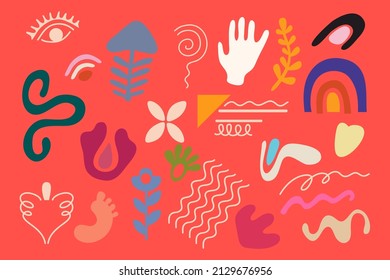 Hand drawn abstract background. Big set of doodle objects, various colorful shapes and lines. Isolated design elements.  Contemporary modern trendy vector illustration
