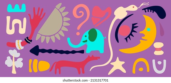 Hand drawn abstract background. Big set of doodle objects, various colorful shapes and lines. Isolated design elements.  Contemporary modern trendy vector illustration