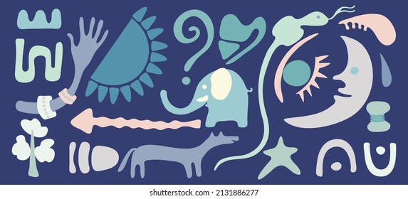 Hand drawn abstract background. Big set of doodle animals, objects, various colorful shapes and lines. Isolated design elements.  Contemporary modern trendy vector illustration