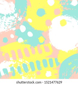 Hand drawn abstract background with colorful paint spots,strokes,blots, dashes and lines. Grungy modern vector illustration  for your design. Perfect for website, badge, poster, print, flyer,card, ad.