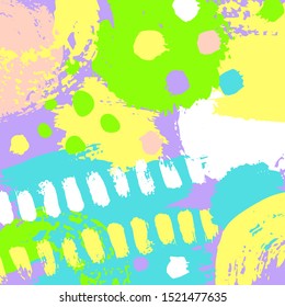 Hand drawn abstract background with colorful paint spots,strokes,blots, dashes and lines. Grungy modern vector illustration  for your design. Perfect for website, badge, poster, print, flyer,card, ad.