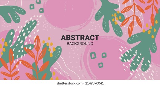 Hand drawn Abstract background with different Shapes and Leaves. Horizontal colorful banner of summer flat illustration. Vector cover
