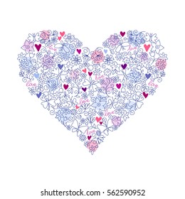 Hand drawn abstract background with heart made of doodle flowers.