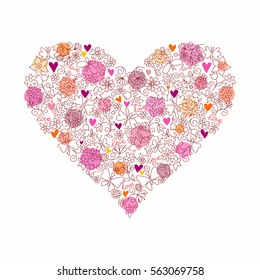 Hand drawn abstract background with heart made of doodle flowers.
