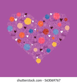 Hand drawn abstract background with heart made of doodle flowers.