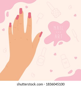 Handgezeichnet abstrakter Hintergrund für Nagelstudio oder Spa-Salon.Schöne Frau Hand mit Nagel-politur.Verschiedene Formen und doodle Objekte.Einfache trendige Hintergrundvorlage mit Platz für Text. 
