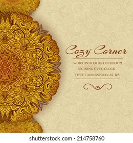 Hand drawn abstract background ornament illustration concept. Vector decorative retro banner of card or invitation design. Vintage traditional, Islam, arabic, indian, ottoman motifs, elements. 