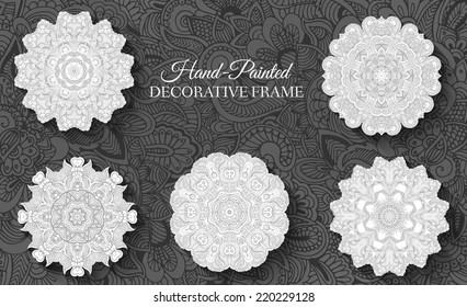 Hand drawn abstract background ornament illustration concept. Vector decorative retro banner of card or invitation design. Vintage traditional, Islam, arabic, indian, ottoman motifs, elements. 
