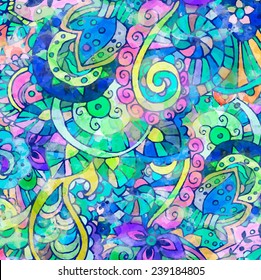 Hand drawn abstract background ornament illustration concept. Lace pattern design. Vector decorative card or invitation design. Vintage traditional, Islam, arabic, indian, ottoman motifs, watercolor