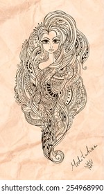 Hand drawn abstract background ornament illustration concept. Lace pattern design. Vector decorative card or invitation design. Girl traditional, Islam, arabic, indian, ottoman motifs, elements.
