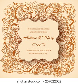 Hand drawn abstract background ornament illustration concept. Vector decorative retro banner of card or invitation design. Vintage traditional, Islam, arabic, indian, ottoman motifs, elements. 