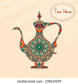 Hand drawn abstract background ornament illustration. Tea time concept. Vector Ornamental Teapot card or invitation design. Vintage traditional, Islam, arabic, indian, ottoman motifs, elements. 