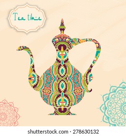 Hand drawn abstract background ornament illustration. Tea time concept. Vector Ornamental Teapot card or invitation design. Vintage traditional, Islam, arabic, indian, ottoman motifs, elements.   
